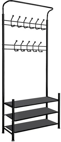 Truevaste Garderobenständer mit Schuhablage, 82x30x190cm Kleiderständer aus Metall, 3-in-1 Garderobe mit 11 Haken und 3 Ablagen für Schlafzimmer, Flur, Wohnzimmer, Kompakt & Platzsparend, Schwarz