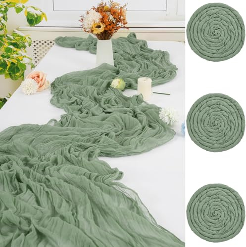FXKS 3 Stück Salbeigrün Cheesecloth Tischläufer,90 x 300 cm | Polyester Gaze Stoff Boho Tischläufer Käsetuch Hochzeit Tischdecke für Hochzeit Brautparty Bankett Dekoration