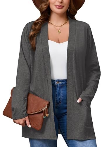 AusLook Women's Plus Size Lightweight Open Front Cardigan 3X Dark Grey Causal Long Sleeve Cover Ups Shrugs Tops Shawls and Wraps Kimono Jacket