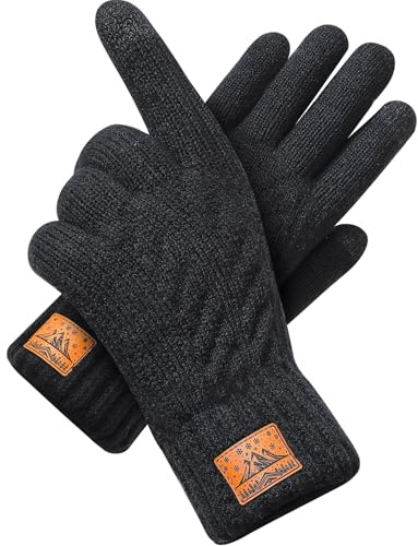 CHENMEI Winter Thermal Gloves for Men Women - Warm Touchscreen Gloves with Black Fleece Lining, Soft Wool Knit Elastic Cuff for Skiing Walking Running