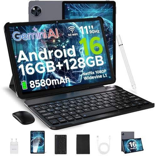 DOOGEE U11 Android 16 AI Tablet 11 Zoll, 16GB+128GB (2TB TF) Gaming Tablets, T7200 Octa Core, 8580mAh, Gemini AI, WiFi 5, 90Hz Display, 13MP+5MP, Tablet mit Tastatur, Maus,Stift,Hülle und Schutzfolie