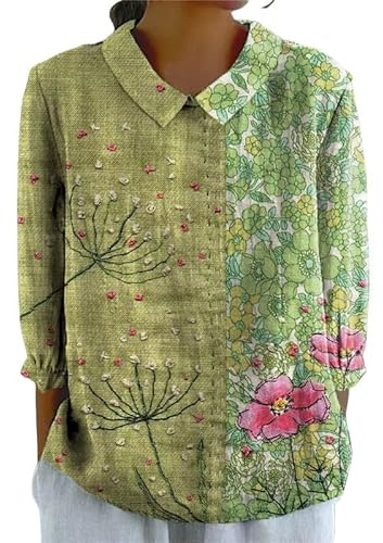 Mujeres con Estilo Vintage Manga Larga Solapa Camisa Flores árboles 3D Impreso Moda versátil Solapa Pullover Blusa Tops