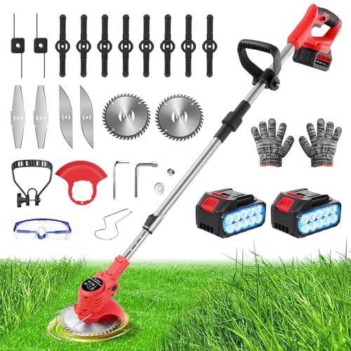 Metal Blade Cordless Strimmer 21V, lightweight Telescopic Battery Garden Strimmer Cordless, Grass Strimmer with 6xMetal Blades & 8xPlastic Blades, Grass Cutter for Lawn Edger Pruning Weed
