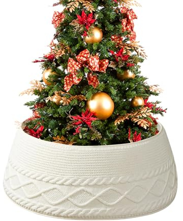 Penlimly Anillo De Punto para Árbol De Navidad,Anillo De Punto Cable Grueso Color Crema para Árboles Artificiales - Cubierta Rústica Campestre de Base para Apartamento, Salón, Dormitorio y Oficinas