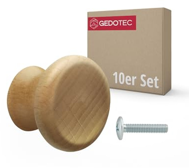 Gedotec Möbelknopf ALOISIA Buche roh | 10 Stück Möbelknöpfe Holz Ø 28 mm | runde Schrankknöpfe und Schubladenknöpfe | Möbelgriffe für Kommode Schrank Schublade | inkl. Schrauben