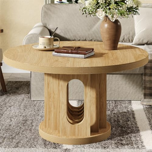 knoworld 31.5 Round Coffee Table, Small Wooden Circle Center Table Hole Panel Splice Design Coffee Tables for Living Room, Thickened Edge MDF Board, Natural Oak