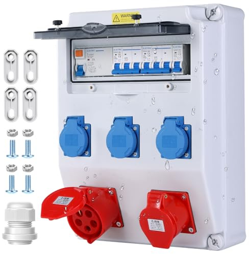 VAYALT Wall Distributor Pre-Wired Power Distribution, IP67 Waterproof Construction Power Distributor 32 A with FI Switch and LS Switch, 3 x 230 V Schuko Sockets + 1 x CEE 16 A/32 A 5-Pin High Current