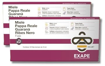 EXAPE pappa reale con 50% di miele guaranà e ribes nero - energia e vitalità- stimola il metabolismo- integratore naturale - 10 fiale da 10 ml - 2 confezioni