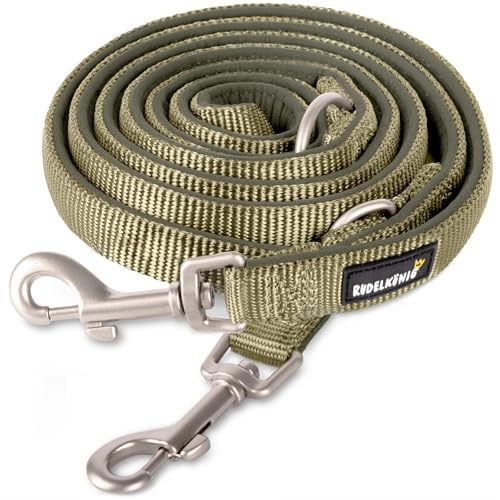 Rudelkönig Laisse Réglable Petit Chien Bella - Multifonction 2,30 m - Kaki | Nylon rembourré léger, mousqueton pivotant 360° - Utilisation en bandoulière, laisse courte ou double
