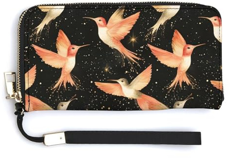 Portefeuille en cuir avec dragonne pour femme – Petit sac à main pour femme avec fermeture éclair et imprimé oiseau doré