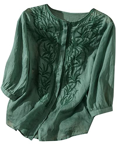 Camicia di lino da donna con maniche a 3/4 estiva con ricamo floreale a 3/4 top retrò boho etnico contadino tunica maglietta alla moda camicetta, Verde, L
