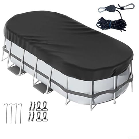 YJDOORPLAY Cubierta ovalada para piscinas sobre el suelo, protección de poliéster resistente a la intemperie con trinquete de ajuste rápido, prevención de desechos impermeable (negro)