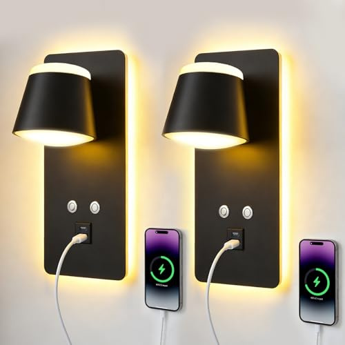 LED Wandleuchte Innen, 3 IN 1 LED Wandleuchte mit Schalter, 12W Dimmbar Nachttisch Leselampe mit USB Ladeanschluss, LED Wandleuchte für Hotelflur, Innenbereich, Nachttischlampe Wohnzimmer(2PCS)