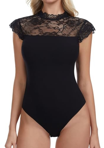 Joyshaper Lace Bodysuit For Women Ruffled Cap Sleeve Body Suits Summer Leotard Tops Sexy Going Out
