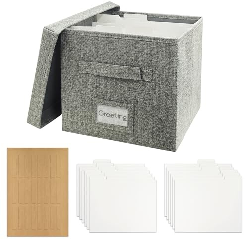 Craftask Grußkarten-Organizer und Aufbewahrungsbox mit 12 Herausnehmbaren Trennwänden, 24 Selbstklebenden Etiketten, kartenbox für Fotos, Umschläge, Scrapbooking und Postkarte - Grau