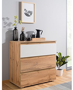 möbelando Kommode Anrichte Sideboard Highboard Standschrank Holzschrank Flur Ravenna IV Honig-Eiche/Weiß