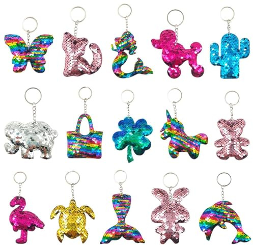 GuassLee 15Pcs Flip Sequin Keychain for Kids Girls Party Favors, Backpack Unicorn Mermaid Keychains Bulk for Kids Classroom Carnival Prizes Goody Bag Stuffers Valentine's day Birthday Party Gifts