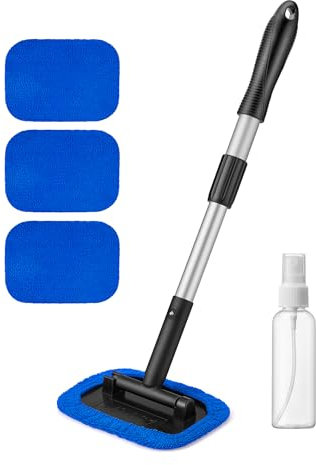 AstroAI Car Windscreen Cleaner, 4 Reusable and Washable Microfiber Pads, Windshield Cleaning Tool Wand with Telescopic and Extendable Handle Auto Inside Glass Wiper Kit, Blue