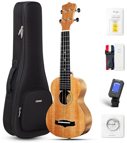 Enya Ukulele Soprano EUS-25D da 21 pollici con top in mogano massello - Kit per principianti con custodia, accordatore, tracolla, corde, plettro - Qualità del suono professionale per principianti e