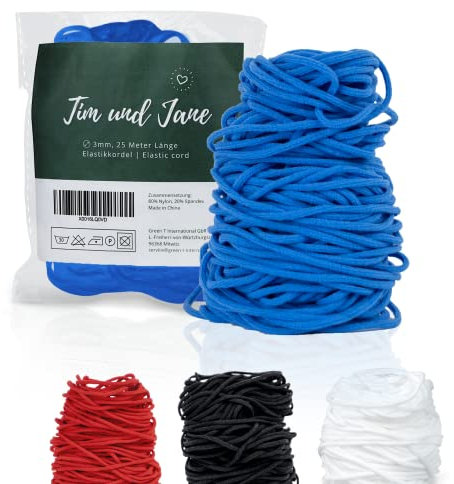 Tim und Jane® Gummiband zum Nähen, Gummikordel 3mm rund, 25m Länge, Gummilitze blau, Masken Gummiband