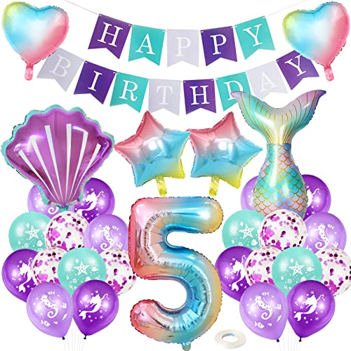 Meerjungfrau Geburtstag Deko 5 Jahre,XXL Regenbogen Zahlen 5 Folien Luftballon,Meerjungfrauen Luftballon 5 Jahre,Geburtstagsdeko Mädchen,Meerjungfrauen Thema Party Set