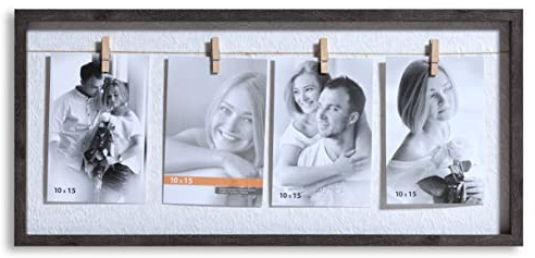 VictoR Bilderrahmen Collage Clip Rahmen in braun für 4 Bilder in 10x15 cm - Rahmen aus Holz mit extra Klammern zum anheften von Fotos