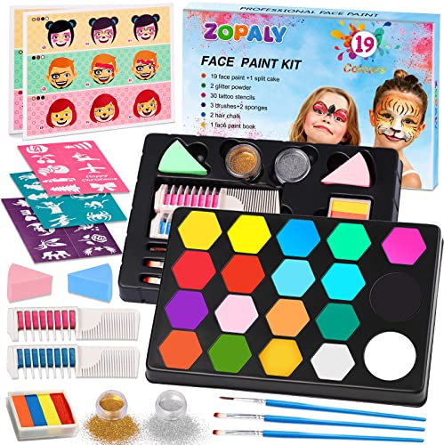 ZOPALY Kinderschminke Set Abwaschbar, 19 Professionelle Face Paint Gesichtsfarbe Geschenk für Halloween & Fasching, Größere Kapazität Schwarz-Weiß, Haarkreide Kamm, Glitzer, Schablonen