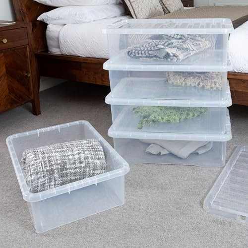 Wham Crystal 5 x 32L Stackable Plastic Storage Boxes with Lids | Ideal for Home, Office, Toys & More | Medium Boxes | Made in UK - Clear