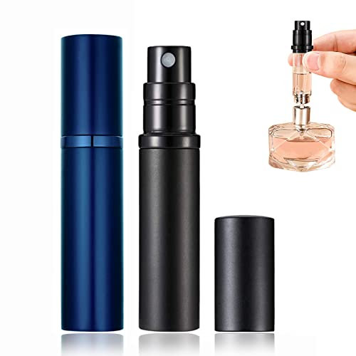 POTWPOT Refillable Perfume Atomisers, 2 Pack Leakproof Elegant Spray Bottle for Men and Women with 5ml Pocket Size (Black & Blue)