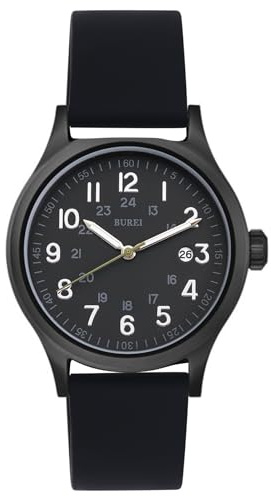 BUREI Herrenuhr, Uhr im Militärstil mit Datumsanzeige, wasserdicht, Outdoor-Sport, Geschenk für Herren (Schwarz, Silikon)