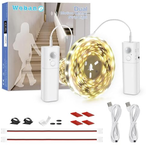 WOBANE 5m Dual Motion Sensor LED Strip Lights, USB Rechargeable, White | 2×2000mAh battery; Wireless, Self-adhesive backing, Cuttable & connectable, For stairs, beds, wardrobes & cupboards