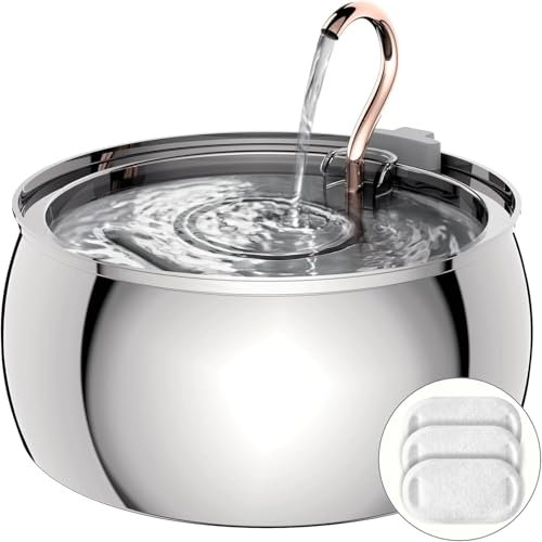 TOMXCUTE Fuente para Gatos 4 L, Bebedero Gatos de Acero Inoxidable, Salida de Agua de Diseño del Grifo con 3 Filtros de Carbón Activado, Súper Silencioso, Adecuado para Familias con Varias Mascotas