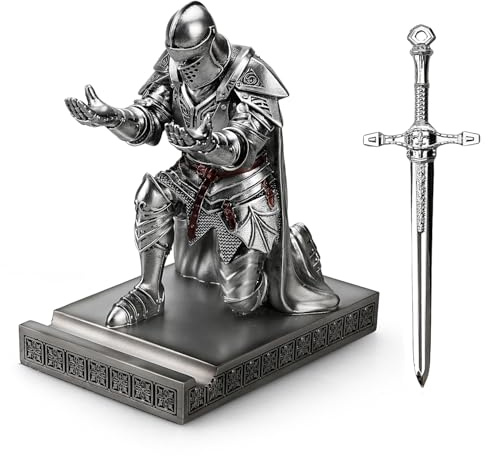 HDMbigmi King's Guard Leader Cloak Warrior Knight Stifthalter Handyständer, Ornament Ritter Statue, Stiftständer Briefbeschwerer mit einem Metallschwert Brieföffner für Büro und Zuhause (Silber)