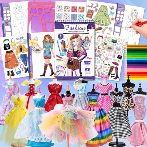 Studio Mode Fashion Design Spielzeug-Set für Mädchen 7-12 Jahre: Nähset, Freizeit-Kreativität mit Stickerbüchern, Stoffen, Schaufensterpuppen & Bleistiften
