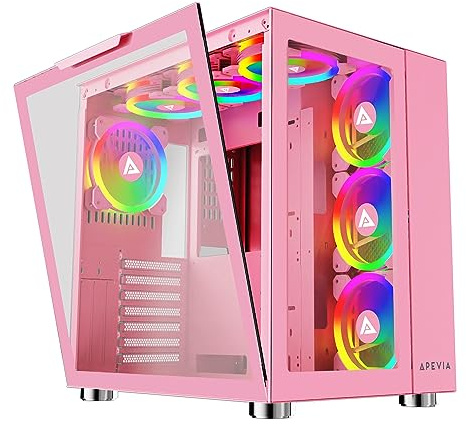 Apevia Prism-Elite-PK Prism Elite Mid Tower ATX Gaming PC Cube Case w/ 7X 120mm PWM ARGB Fans, 366 RGB Modes, Dual Tempered Glass Panels, 360mm Radiator Support, 2X USB3.0, 2X USB 2.0, Pink
