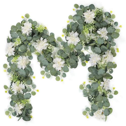 Dremisland Guirnalda de eucalipto de 6 pies con flores, dalia artificial, guirnalda de flores falsas de seda floral colgante para boda, fiesta, mesa, arco, jardín, fondo, decoración del hogar (blanco,