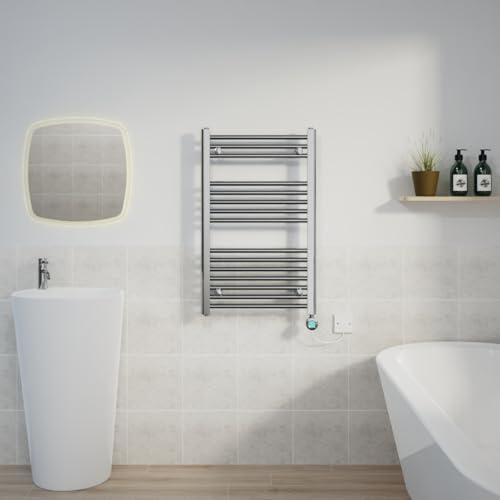Warmehaus Prefilled Electric Towel Radiator Straight Chrome 800x500mm | Thermostatic, Timer, LCD Display, Child Lock, Dual Fuel, Mild Steel, Wall Mounted, Bathroom Ladder Towel Warmer