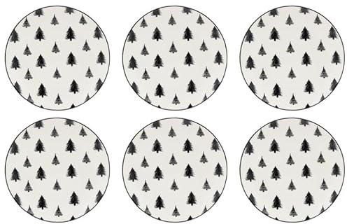 AUBRY GASPARD - Assiettes en Porcelaine - Lot de 6 - Finition Blanc Brillant avec Liseré et Motifs Sapins Noirs - Ø 19 cm x Hauteur 2 cm - Compatibles Lave-Vaisselle et Micro-Ondes - Élégance Festive