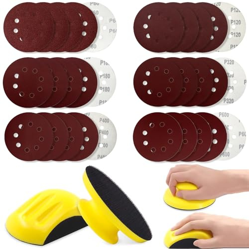 TTYSHIP® 2 Stück Schleifklotz Klett, 125 mm Handschleifblock Klett | Mausförmige und Runde, mit 30 Blatt Schleifpapier 125mm, Körnung 60/120/180/320/400/600, für Holzmöbel Restauration