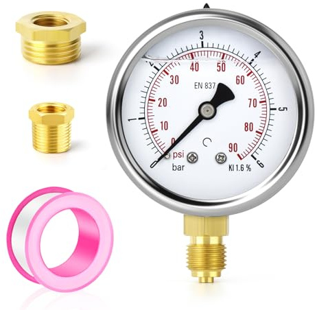 TAILONZ PNEUMATIC 0-6 bar acero inoxidable 1/4 BSP 2,5 pulgadas FACE DIAL Manómetro lleno de líquido WOG Agua Aceite Gas soporte inferior
