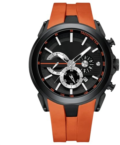 RORIOS Relojes Silicona de Pulsera para Hombres Reloj Multifuncional Deportivos Reloj Casuales Cuarzo Reloj Moda Analógico Reloj Cronógrafo Luminoso Naranja