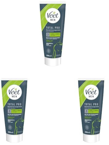 Veet Men Haarentfernungscreme für Oberkörper & Beine - Enthaarungscreme für Männer, Haarentfernung in 3-6 Minuten - 200 ml Tube & Spatel (Packung mit 3)