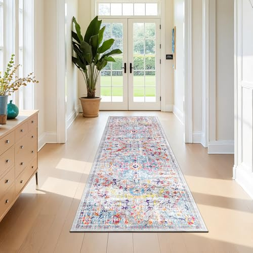 SHACOS Läufer Flur Boho 65x210 cm Teppichläufer rutschfest Kurzflor Flur Teppich Waschbar Läufer Teppich für Flur, Küche, Wohnzimmer, Schlafzimmer, Bunt