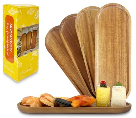 Set of 5 Acacia Wooden Trays Rustic Small Oval Serving Tray Bulk Wood Food Plate Fruit, Salad, Cheese, Coffee Platters Appetizer Decorative Tray 11.4 * 4.1inch (Oval 5Pcs)