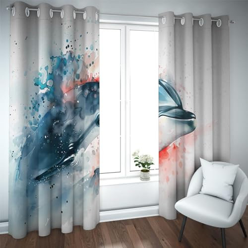 Deertweet Home Tinte Kunst Dekor Verdunkelungsvorhänge Ozean Tier Delfin Wärmeisolierte Kinder Vorhänge für Kinderzimmer Schlafzimmer Wohnzimmer Fenster Vorhänge 2 Paneele H229xB229