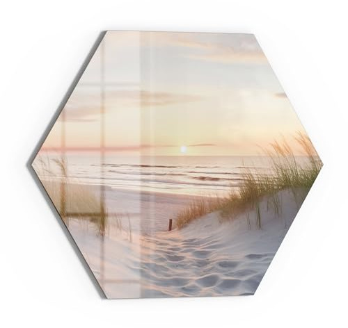 DEQORI Glas-Magnettafel | Sechseck 55x47,6 cm cm groß | Motiv Abendruhe am Strand | Memo-Board aus Glas | Magnetboard inkl. Magnete, Stift & Tuch für Küche & Büro | Tafel beschreibbar