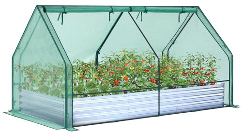 Ohuhu Aiuola da giardino rialzata con serra, 20 x 10 x 3 m, fioriera in metallo zincato con copertura in PE, 4 porte per ventilazione, set da giardinaggio 3 in 1 per ortaggi, fiori, erbe, piante