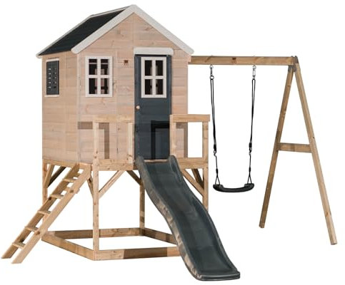 Wendi Toys M24 Stelzenhaus mit Rutsche und Schaukel, Spielhaus aus FSC-Holz für Kinder Garten Outdoor, Podesthöhe 90 cm, 330×350×242 cm, mit 175 cm Rutsche, Sandkasten, wetterfest