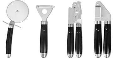 GF832253 Good Food in Partnership with Tower 4pc Gadget Set, Pizza Cutter, Y Peeler, Can Opener, Garlic Press, Stainless Steel Heads, Black