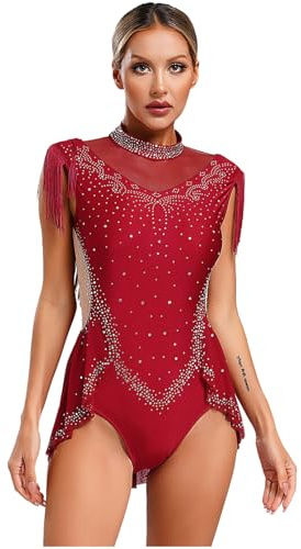 Agoky Damen Eiskunstlauf Kleid Ärmellos Rollkragen Ballettkleid Glitzer Strass Tanz Gymnastik Leotard Trikot mit Rock Fransen Eislaufen Bekleidung Burgundy M